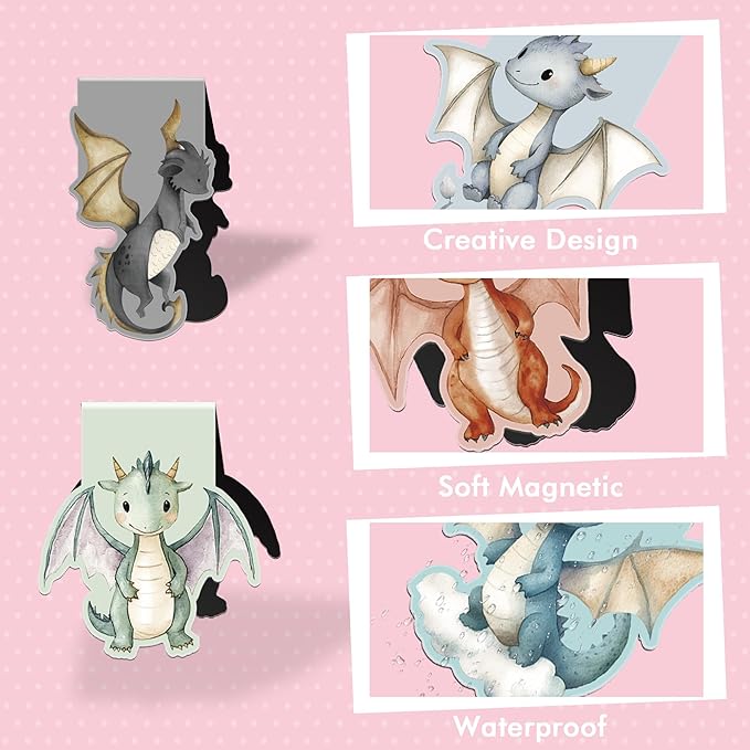 Cute Dragon Magnetic Bookmarks: 8 Pcs Unique Little Dragon Book Marks for Kids, Adorable Animals Magnet Book Markers Clips, Bookish Gifts for Reading Kids Boys Girls School Supplies