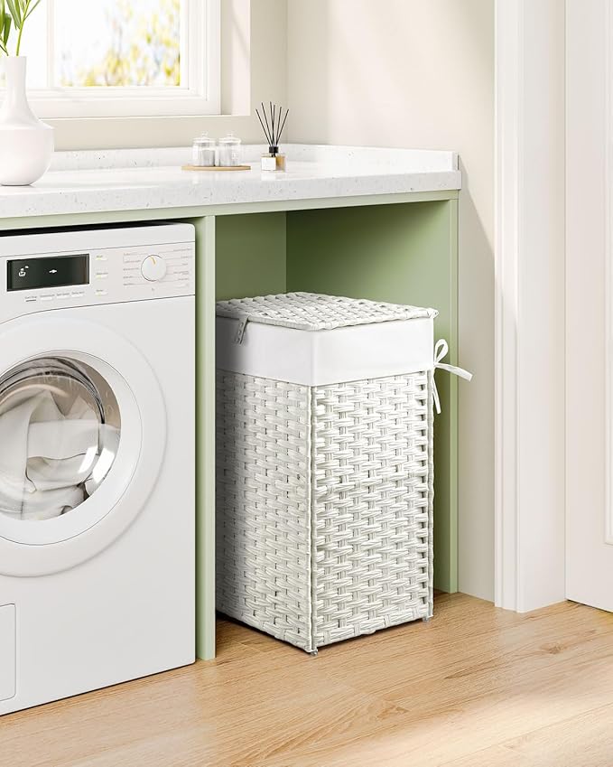 Greenstell Laundry Hamper with Lid, 60L Clothes Hamper with 2 Removable Liner Bags & 2 Mesh Bags, Handwoven Synthetic Rattan Basket, Toys in Bathroom, Bedroom White