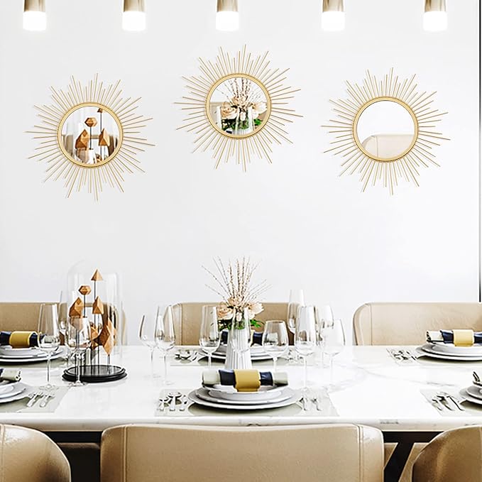 3 Pack Metal Mirrors for Wall Sunburst Wall Mirrors Home Décor Decorative Hanging Wall Art for Living Room Bedroom Entryway (Gold, Sunburst)