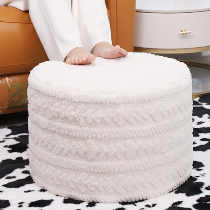 Asuprui Round Footstool Ottoman, 20x14 Inches Multi-Functional Modern Foot Stool,Floor Poufs, Sofa Footrest Extra Seating for Living Room, Entryway, Hallways and Bedrooms (Ivory)