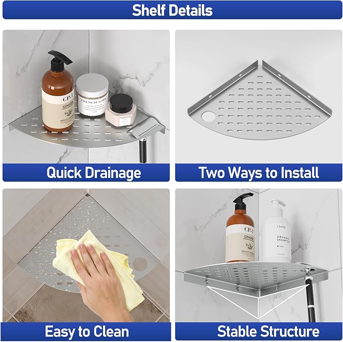 2 Pack Corner Shower Shelves 304 Stainless Steel Corner Shower Shelf 8in shower shelf Drilling Installation (One Brushed Nickel)