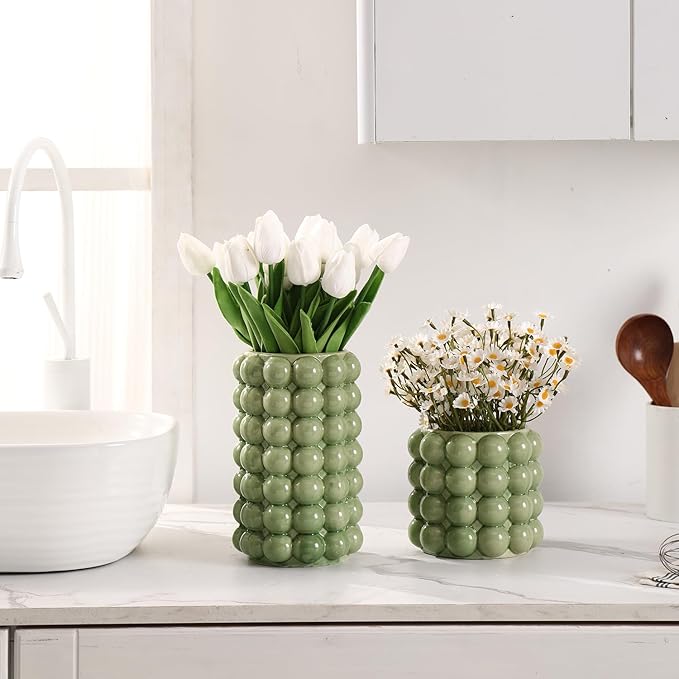 Bubble Vases, Set of 2 Green Ceramic Vases, Short Vases, Ceramic Flower Vases, Unique Vases, Tall Bubble Vases for Coffe Table Decor, Decorative Vases for Living Room, Dining Table, Wedding