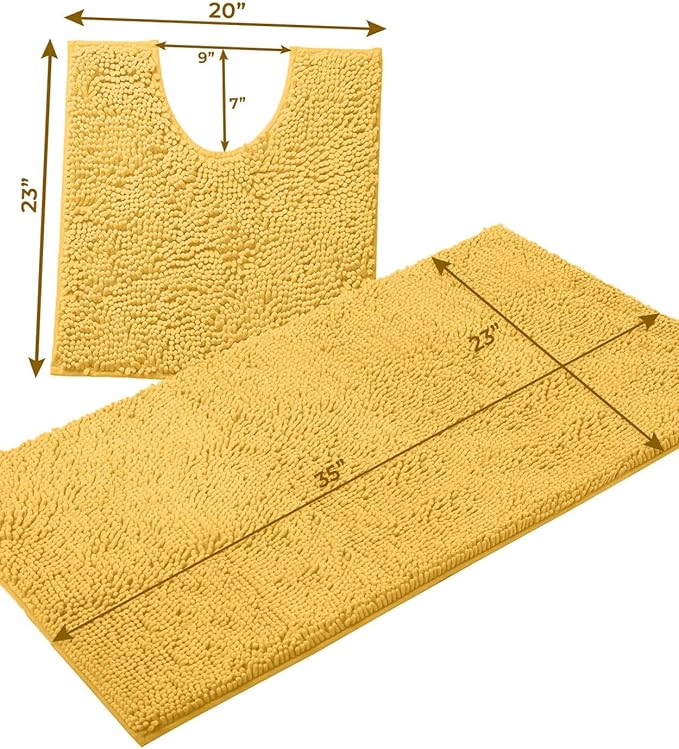 Bathroom Rugs Sets 2 Piece, Luxury Chenille Bath Mat Set, Soft Plush Anti-Slip Bath Rug + U-Shaped Toilet Mat. Microfiber Shaggy Carpet, Super Absorbent (24” x 36” & 20” x 24” U, Yellow)