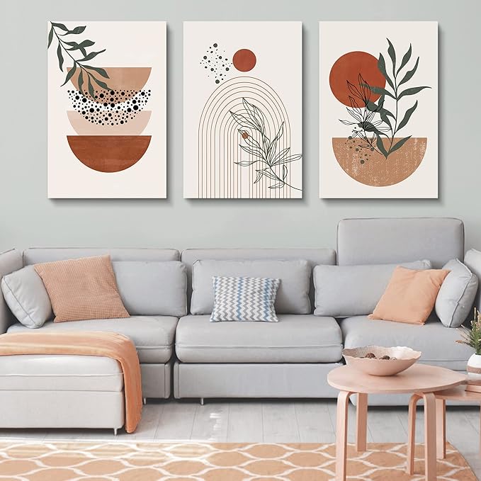 Boho Wall Art Prints,Boho Wall Decor, Mid Century Modern Wall Art,Set of 3 Prints, Abstract Geometric Prints Black Beige Terracotta Minimalist Art, Natural Framed Canvas Prints Artwork For Living Room
