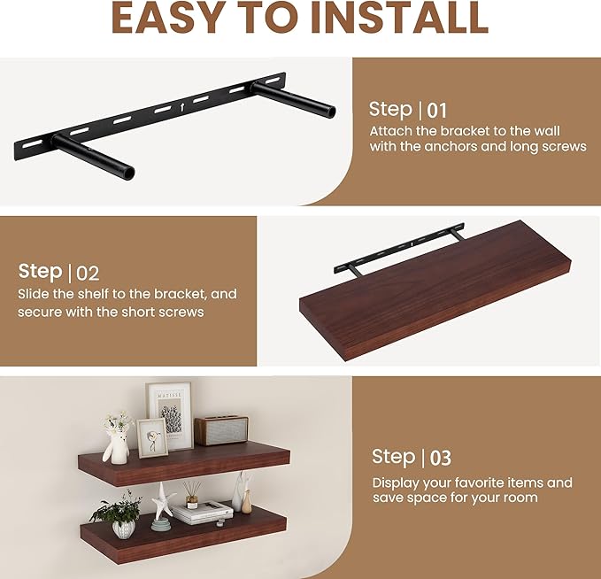 Fun Memories Rustic Floating Shelves for Home Decor, 8 Inch Deep Floating Shelf, Solid Wood Floating Wall Shelves 30 Inch Long, Deep Wall Shelves for Bathroom, Living Room, Walnut Finsh, Set of 2