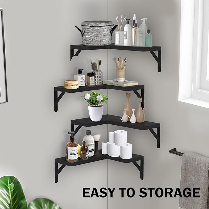 Muzilife Corner Floating Shelves Wooden Floating Shelve Set of 4, Wall Mounted for Storage, L-Shaped Shelves for Wall Decor Wall Organizer for Bedroom, Bathroom, Kitchen, Living Room and Office, Black