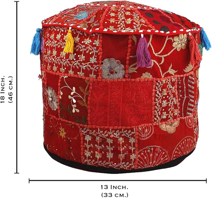 Aakriti Gallery Indian Pouf Footstool Ethnic Embroidered Pouf Cover - Round Ottoman Pouffe - Red, 18x13