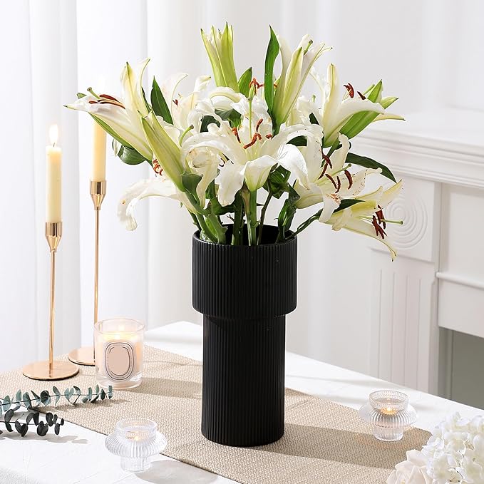 Large Black Ceramic Vase for Flowers, Large Ribbed Vase, Boho Decorative Vases for Modern Decor, Pampas Grass Vases for Living Room, Office, Mantel, Shelf, Entryway, 10 Inches