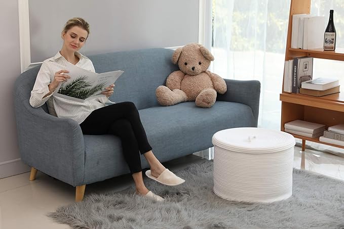 20" x 20" x 15" Extra Large Storage Basket with Lid, Cotton Rope Storage Baskets, Laundry Hamper, Cloth Bin, for Clothes Towels Blankets Pillows Storage in Living Room, Full White Basket with Cover