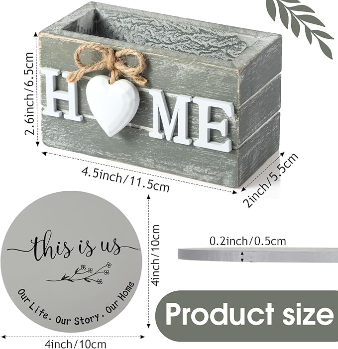 Queekay Housewarming Gifts for Home Decoration Wooden Heart Coasters for Drinks 6 Set Farmhouse Coasters with Holder Funny for Family Coffee Table Protection, 4''(Gray, Black)