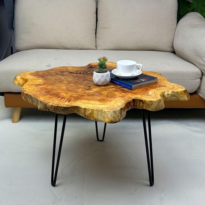 Live Edge Coffee Table, Natural Wood Side Table for Living Room with Metal Hairpin Legs, Large Wooden Rustic End Table Desktop (Medium)