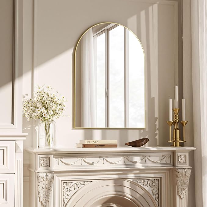 Arched Wall Mirror, 20 x 30 inch Arch Bathroom Mirror, Wall Mounted Vanity Mirror with Arch Metal Frame, Modern Bathroom Vanity Mirror for Bedroom, Living Room, Hanging or Leaning, Gold