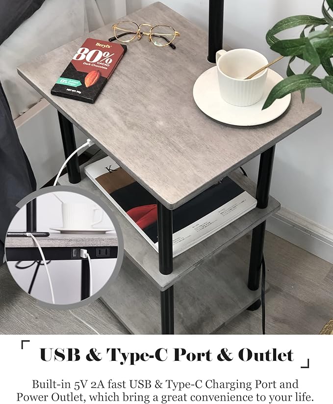 ELYONA Solid Wood End Table Floor Lamp, USB Type C Charging Port & Outlet, Side Table Shelf Reading Standing Light with Drum Shade for Bedroom, Farmhouse, Living Room, Office, LED Bulb Included, Grey