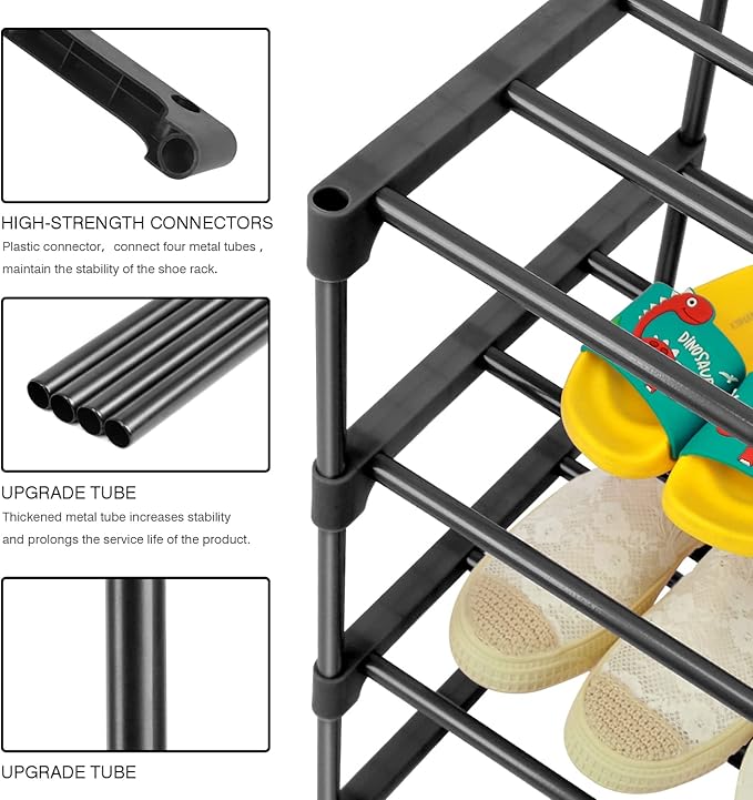 4-Tier Small Shoe Racks, Narrow Shoe Rack for 6-8 Pairs Shoe Storage,Kids Shoe Racks for Small Place,Lightweight Stackable Shoe Shelf Organizer for Closet,Black