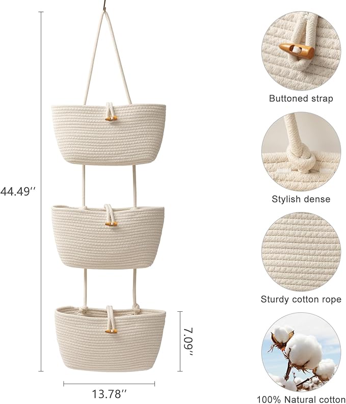 TeoKJ Over the Door Hanging Baskets with Button Strap, 3-Tier Woven Cotton Storage Organizer Bag, Wall-Mounted with Hook Decorative Hanging Kitchen Baskets - White