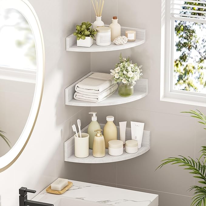 Alsonerbay White Corner Shelf Wall Mount, Set of 3 Floating Shelves for Storage and Display, Rustic Wood Shelves for Bedroom, Living Room, Bathroom, Entryway, Garage