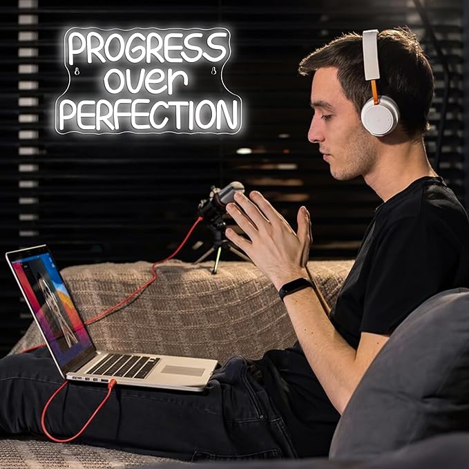 Progress Over Perfection Neon Sign,Dimmable Classroom Positive Neon Light, USB Neon Light for Motivational Classroom Decor Positive Affirmation Mental Health Man Cave Office Wall Decor(15.7 * 9 in)