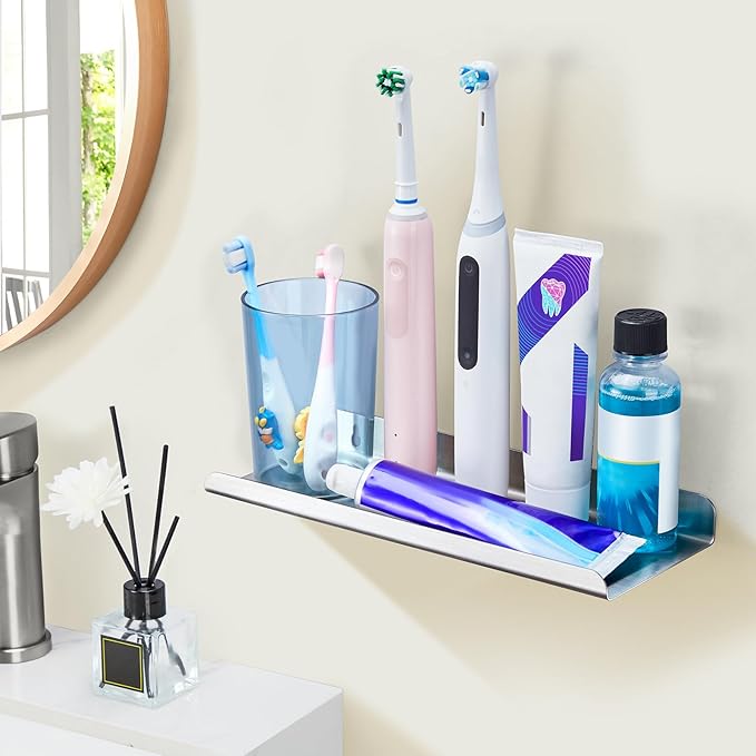 Bathroom Shelf, Wall Mounted Shower Caddy, Adhesive Floating Shelves, Stainless Steel Wall Shelf, No Drilling Floating Shelf Silver Shower Storage Organizer for Bathroom/Bedroom/Kitchen Decor