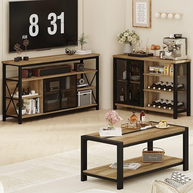 BON AUGURE Wood Coffee Table, Rectangle Coffee Tables for Living Room, Farmhouse Living Room Center Tables, Low Cocktail Tea Table with Rounded Corner (Vintage Oak, 43 Inch)