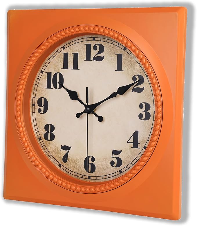 Orange Retro Wall Clocks Battery Operated 12 Inch- 1950s Style Square Vintage Clock for Kitchen Living Room Home Decor