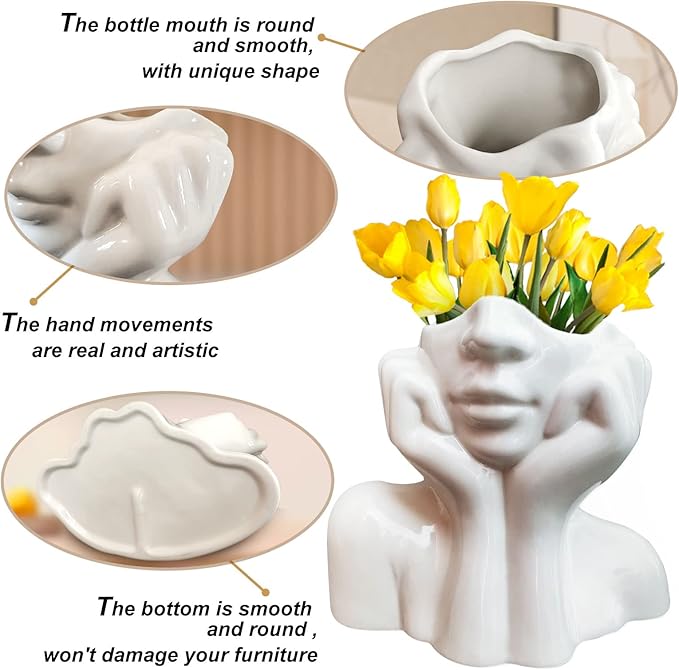 Ceramic Vases Set of 2-White Vase for Modern Home Decor, Flower Vases for Aesthetic Room Decor,Boho Decor Wedding Dinner Table Party Office Centerpiece Table Decorations (White face)