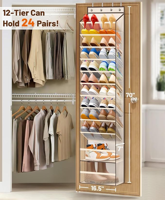 MISSLO 12 Tier Over the Door Shoe Organizer Breathable Mesh Hanging Shoe Rack for Closet Storage Shoe Holder for Door Fit 24 Pairs Sandals, Heels, Boots (Beige)