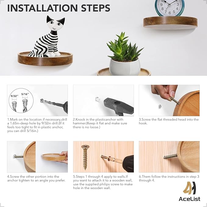 AceList 3-Pack Round Floating Shelves for Wall Decor, 6'' Diameter Acacia Wood Floating Shelf, Cup Plant Wall Shelves for Bedroom, Bedroom, Living Room, Bathroom, Kitchen, Western Decor