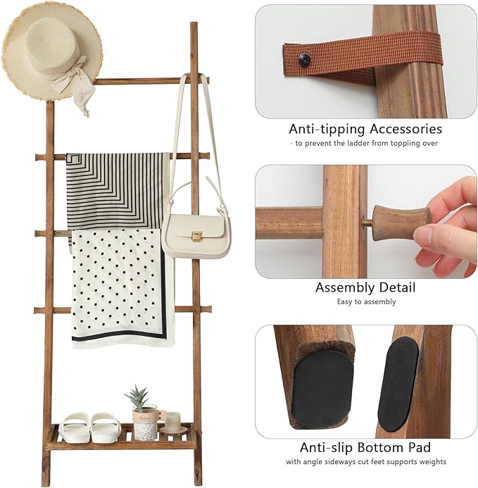FUIN 5ft Wood Blanket Ladder with Bottom Shelf for Living Room Decorative Wall Leaning Farmhouse Quilt Display Holder Storage Rustic Wooden Towel Rack for Bathroom, Light Brown