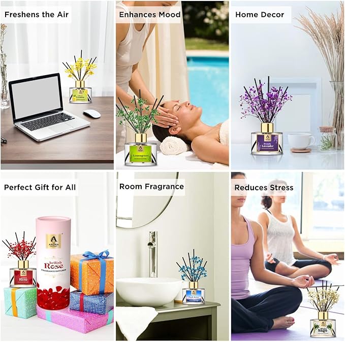 The Aroma Factory Fragrance Reed Diffuser Set with Natural Essential Oil, Aroma Sticks & Real Preserved Flowers | Luxury Home Decor Scent (Fresh Active & Lavender,2 Pack)
