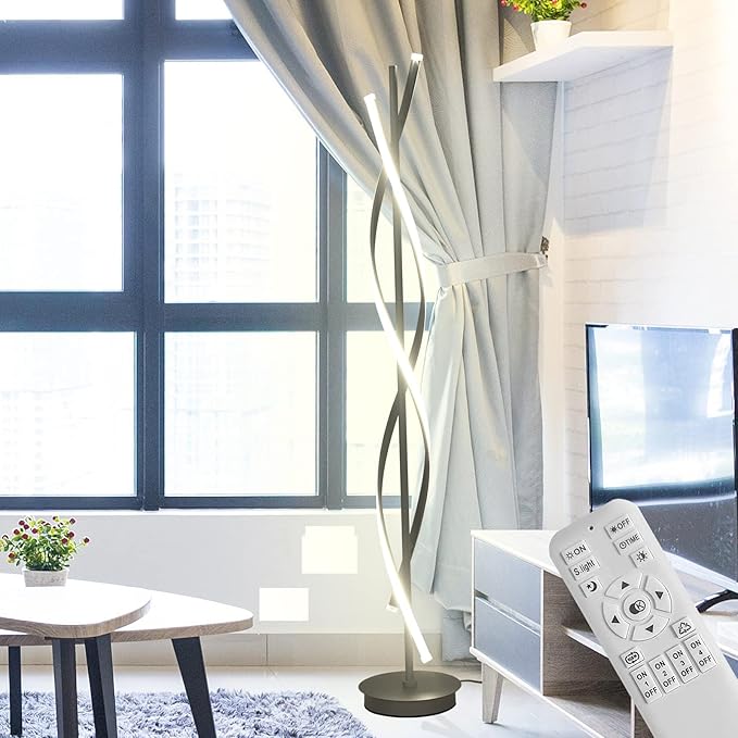 61" LED Floor Lamp for Living Room, 40W 3 Colors Stepless Dimmable and Color-Changing Bright Floor Standing Lamp,Unique Spiral Floor Tall Lamp for Bedroom Office with Remote (Black)