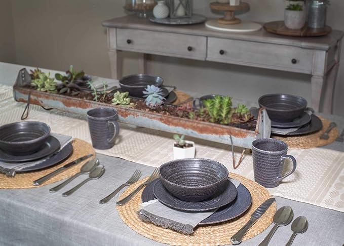 Elanze Designs Charming Chic Ribbed Modern Thrown Pottery Look Ceramic Stoneware Plate Platter Mug & Bowl Kitchen Dish Dinnerware 16 Piece Set - Service for 4, Charcoal Grey