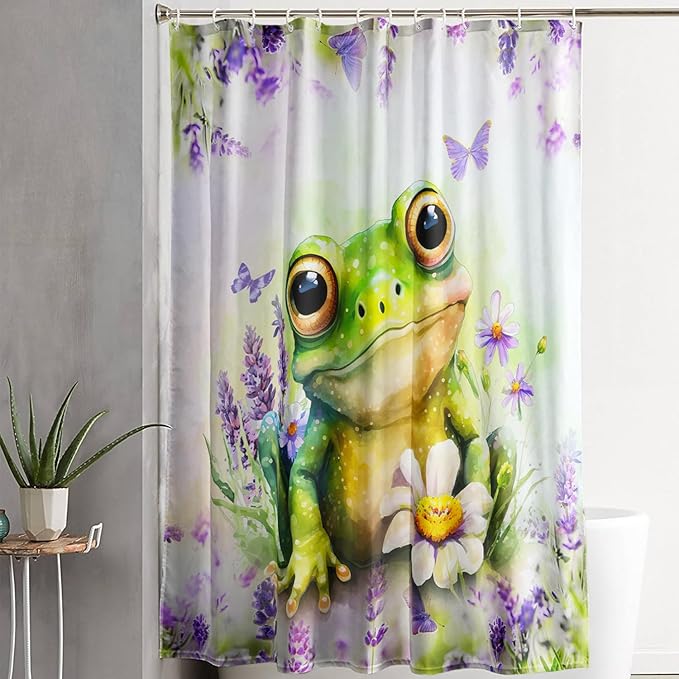 AILONEN Cartoon Frog Shower Curtain, Cute Green Frog Shower Curtain Set with Hooks for Kids Boys Girls,Purple Flowers Tropical Amphibian Waterproof Fabric Shower Curtain for Bathroom,36" W*72" H