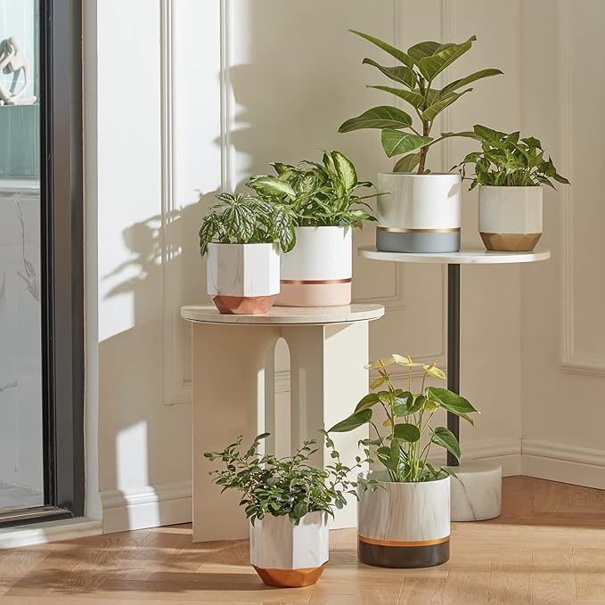 LA JOLIE MUSE White Ceramic Flower Pots - 6.7 + 5.4 Inch Indoor Planters, Plant Containers in a Marble Ink Pattern with Rose Gold and Pink Detailing