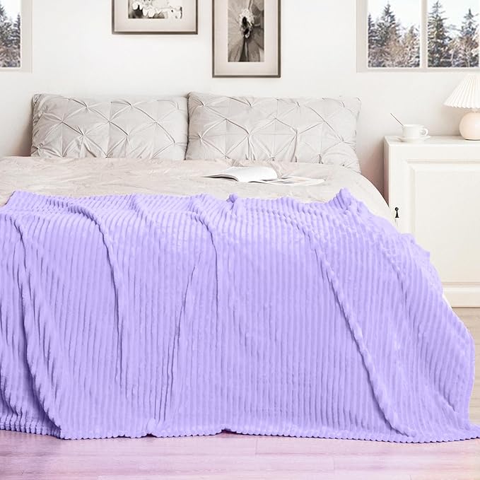 Vessia Flannel Fleece Light Purple Throw Blanket(50x71 Inch) for Couch with Pillow Cover(18 * 18 Inch), Warm Cozy Soft Stripe Pattern Blanket, Microfiber Lilac Ribbed Sofa Throw for All Season