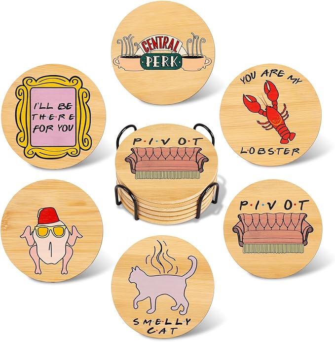 Friends TV Show Merchandise - Friends Coasters Set of 6,Friends TV Show Gifts for Women,Wooden Coasters for Drinks with Coaster Holder,Friends TV Show Decor