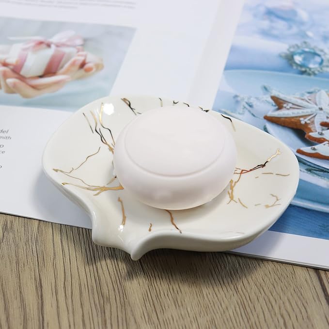 Ceramic Marble Texture Soap Dish,Self Draining Slot,Ceramic Self Draining Soap Dish Portable,Bathroom Accessories for Shower,Bathroom,Kitchen, Sink,Countertop,for Travelling,Camping,Gym