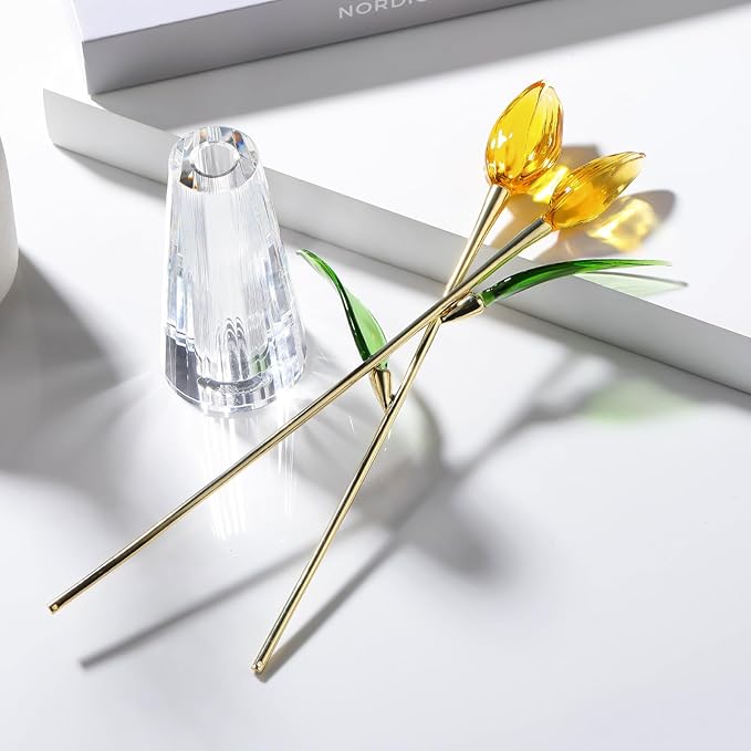 Crystal Tulip Figurine - Yellow Glass Flowers with Vase, Glass Flower Bouquet Collectible Office Home Decor Paperweight - Tulip Gifts for Women Mom Bestfriend Wedding Anniversary