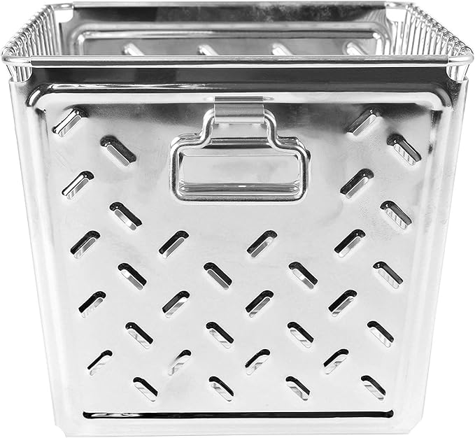 Tovolo Macklin, Stamped Steel & Wire Basket for Closet & Cubby Storage Vintage-Inspired Design with Customizable Label Plate, Medium, Zinc