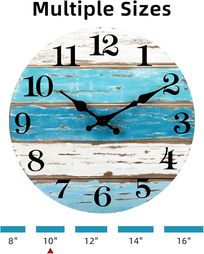 Beach Themed Blue Wall Clocks Battery Operated Silent Non-Ticking, Vintage Round Rustic Coastal Nautical Clock Decorative for Home Kitchen Living Room Office Bathroom Bedroom(10 Inch)