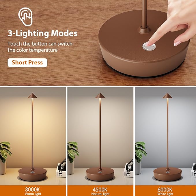 Rechargeable Cordless Table Lamp, Portable Powered LED Battery 6000mAh Metal USB Desk Lamp, 3 Levels Brightness Light for Restaurants Outdoor (Coffee)