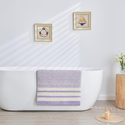 CozeCube Purple Striped Bath mats for Bathroom Non Slip, Fluffy Absorbent Microfiber Bath mat Washable, Aesthetic Bathroom Rugs, Large Bath mat for Sink, 36" x 24"