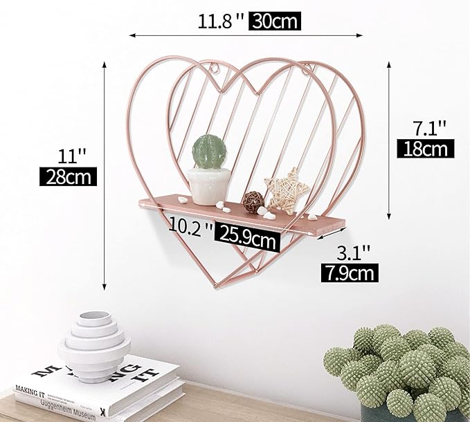 Afuly Floating Shelves for Wall, Cute Heart Wall Shelf Pink Funky Organizer Small Hanging Trinket Storage Aesthetic Room Decor for Bedroom Bathroom Hallway Entryway Vanity, Rose Gold