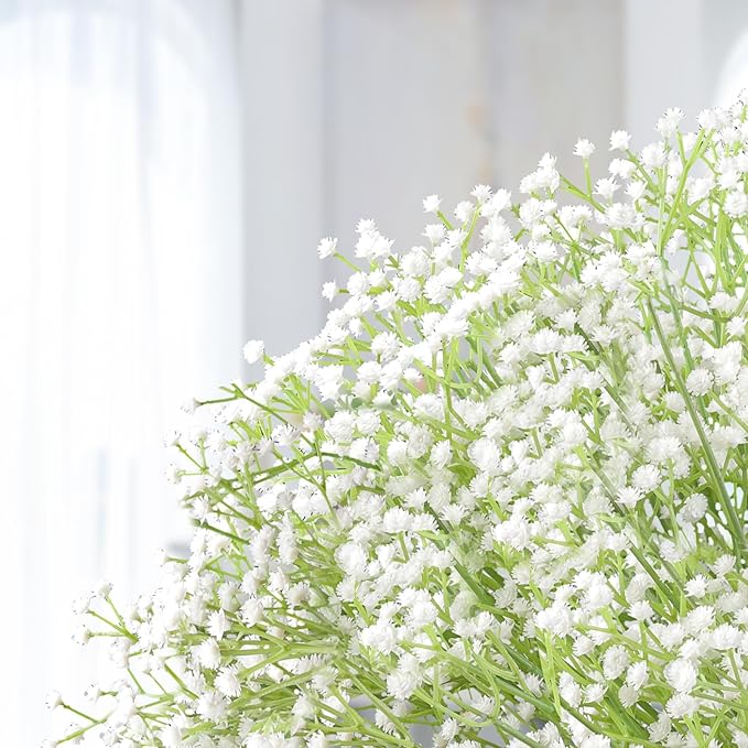 N&T NIETING 10Pcs Artificial Baby Breath Flowers White with Long Stem, Real Touch Silk Gypsophila Bouquets Bulk for Wedding, DIY Floral Arrangements, Home & Office Decor, Party Centerpieces, White