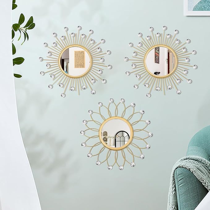 3 Pack Metal Mirrors for Wall Sunburst Wall Mirrors Home Décor Decorative Hanging Wall Art for Living Room Bedroom Entryway (Gold Crystal, Flower+Sunburst)
