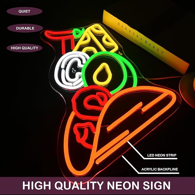 Tacos Neon Sign - Vibrant LED Wall Decor for Mexican Restaurant, Pizzeria, Kitchen, Coffee Bar, Party, or Pub, Adjustable Brightness, USB Powered, Taco Led Sign for Shop