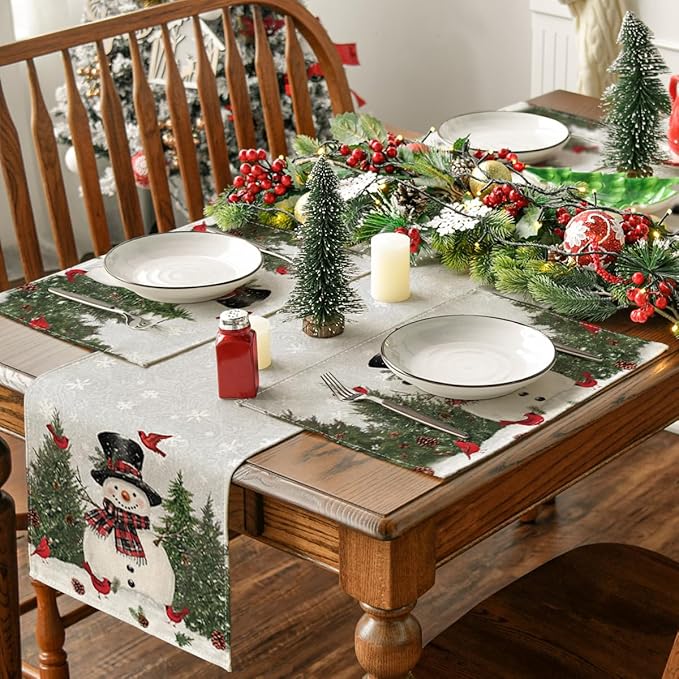 Artoid Mode Snowman Birds Trees Christmas Placemats Set of 8, 12x18 Inch Seasonal Grey Winter Holiday Table Mats for Party Kitchen Dining Decoration