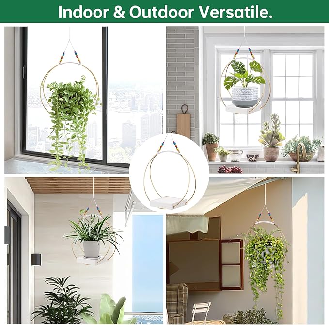 Hanging Planters for Indoor Plants,Plant Hanger with Sturdy Wood Base,Modern Boho Macrame Plant Hanger,Wall Ceiling Window Stands(Plants/Pots Not Included) (1 Pack/Gold+Macrame)