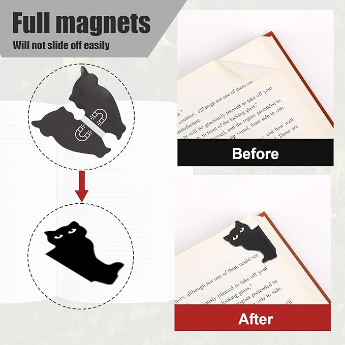 Cat Bookmark, 6 Pcs Black Cat Magnetic Bookmarks Cute Kawaii Magnet Bookmark Clips Page Markers Book Reading Supplies for Book Lovers, Women, Teachers, Students, Home, Office, Presents (6 Styles)