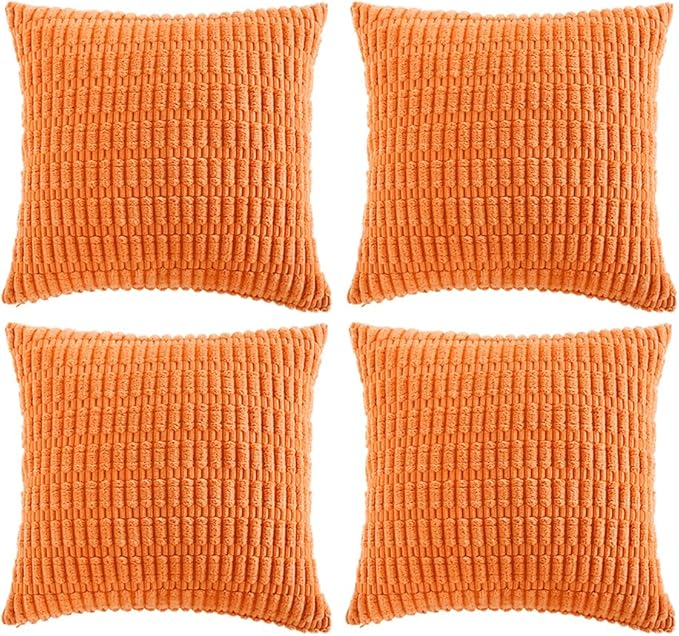 Fancy Homi 4 Packs Orange Fall Decorative Throw Pillow Covers 26x26 Inch for Couch Living Room Bed Sofa, Halloween Pumpkin Autumn Home Decor, Soft Cute Plush Corduroy Striped Cushion Case 66x66 CM