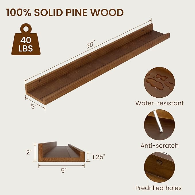 Picture Ledge Shelf, Solid Pine Wood Rustic Floating Shelves for Wall, 36 Inch Long Floating Shelves with Lip for Bedroom Kitchen Living Room Nursery Display, Set of 2 (Walnut)